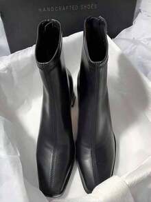 Brown Patchwork Short Boots For Women, High Heel Chunky Heel Back Zipper Square Toe, New Style Winter Korean Version Elastic Skinny Boots,Elegant