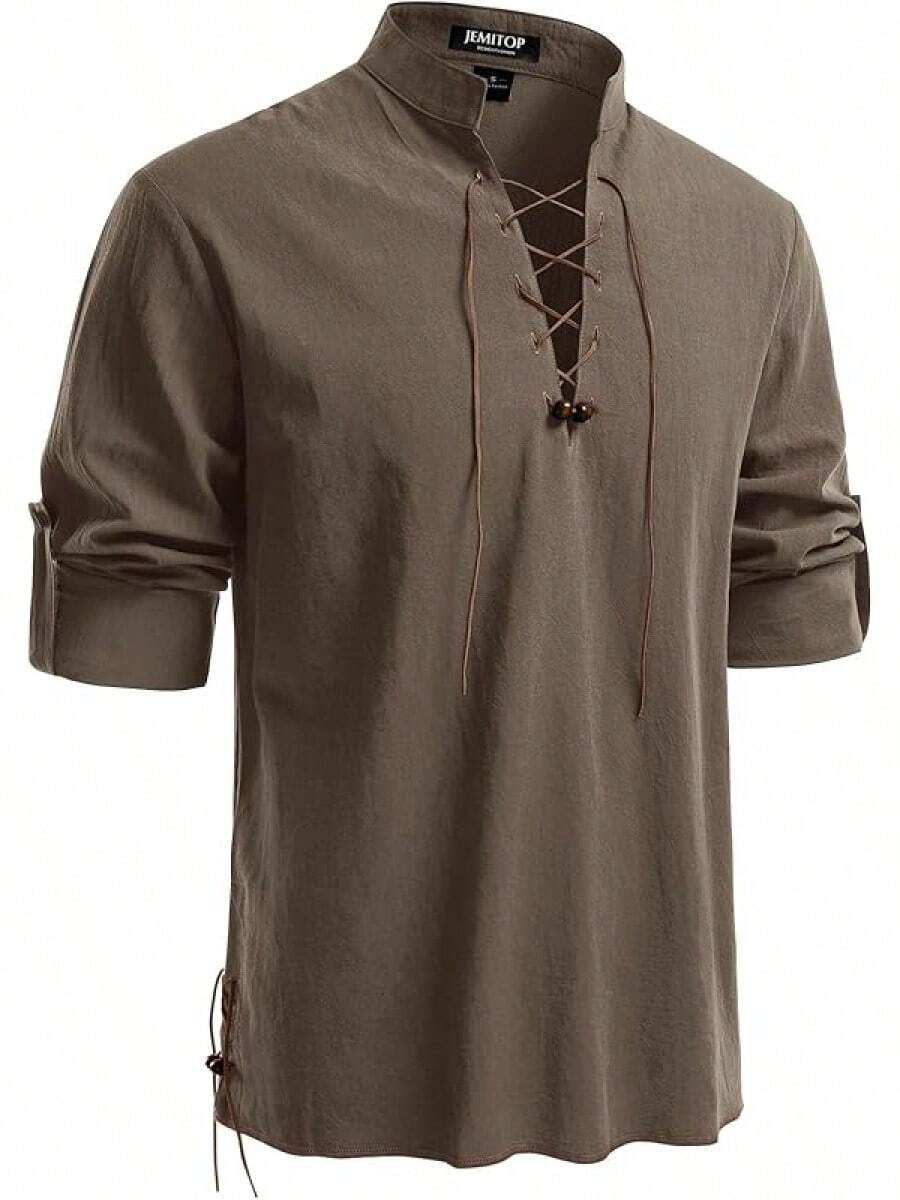 Men's Pure Cotton Retro Lace Up Shirts For Renaissance Pirate Viking Medieval - Coffee Retro - View 1