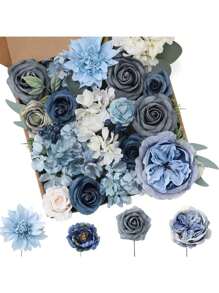 Künstliche Blumenkopf-Kombination aus blauen Blumen, gemischte Seidenblumen wie Dahlie, Rose, Chrysantheme mit Stiel, verwendet für DIY Hochzeitsstrauß, Babyparty, Blumenarrangement, Tischdekoration, Heimdekoration