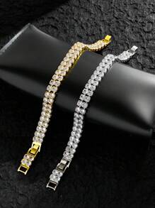 SEQUITO 1 件高档镀黄金男女款手链珠宝密钉镶嵌双排方形闪亮 AAAAA 方晶锆石晚会串手链