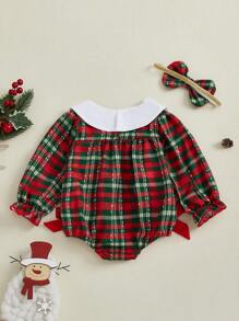 Baby Girls Christmas Plaid Romper Cute Santa Claus Embroidery Long Sleeve Doll Collar Jumpsuit With Bow Headband