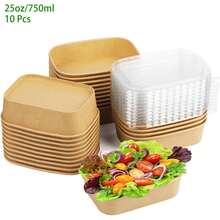 750毫升/25盎司一次性带盖牛皮纸碗，长方形食品容器汤碗派对用品零食碗 10/25/50个