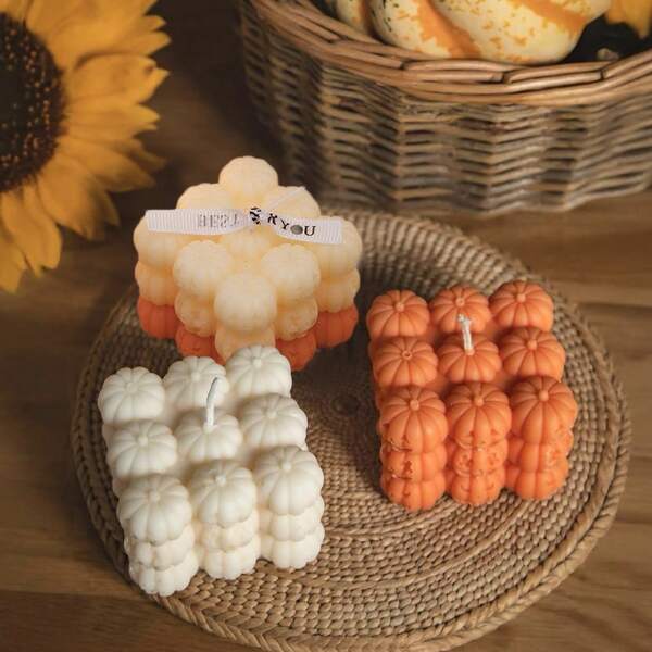 1pc Cute Halloween Square Pumpkin Shaped Candles Creative Scented Candle, Halloween Spooky Candle, Home Decoration Halloween Day Decorations, Terrifying Atmosphere Decorative Candles, Perfect Gift For Halloween Party Ornament, Indoor Display, Tabletop Ambiance Decorative Prop For Photography