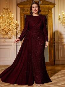 SUPGIR Vestido de mujer talla grande con escote en V, lentejuelas y flecos, mangas de obispo, abertura fruncida, vestido de noche elegante,Party vestido, formal, invitado de boda, ropa de otoño para mujer