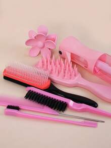 7件套美发造型工具套装（含200毫升透明喷雾瓶），包含：梳子套装（梳子、9齿梳、尖尾梳、边缘梳、尖尾梳）、硅胶头皮按摩器、沐浴刷、喷雾瓶、花朵造型夹、旅行必备美发配件，适合所有发质（粉色、紫色、黑色），美发造型套装，美发工具套装，学生必备 - 彩色 - 查看 7