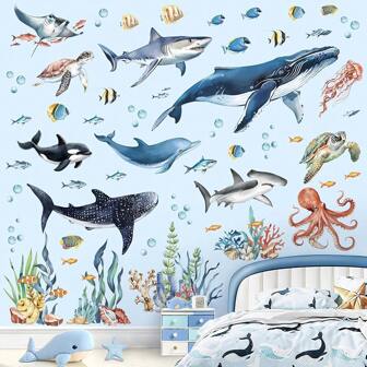 1Set Under The Sea Fish Shark Wall Stickers,Ocean Animal Sea Turtle Seaweed Whale Wall Decals,For Bathroom Bedroom Playroom Home Decor