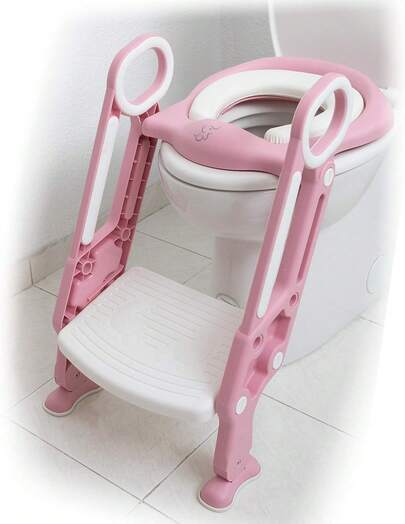 Asiento Entrenador para Inodoro Acolchonado con Escalera (Rosa/Blanco)