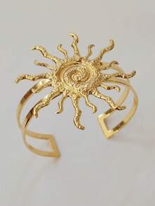 金色太阳圆花开口袖口手镯手镯首饰女士配饰 - sun flower bangle - 查看 4