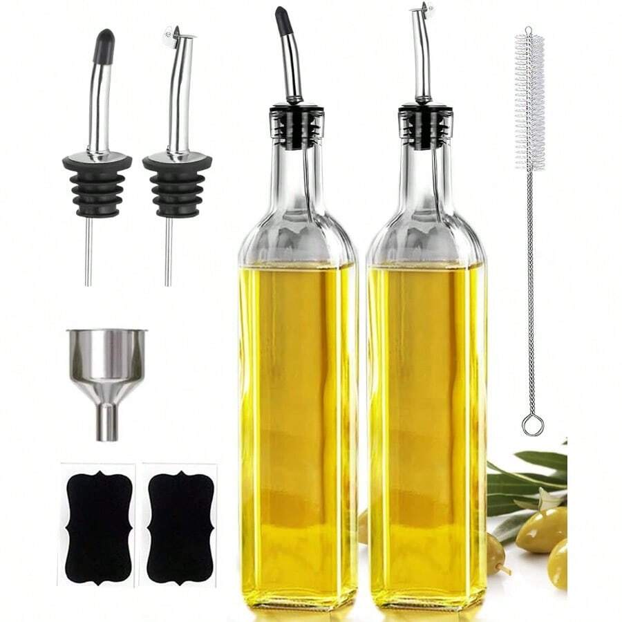 SGFDZFD 17oz Olive Oil Dispenser Bottle, 500ml Oil & Vinegar Cruet With 2 Stainless Steel Pourers, 2 Labels,1 Brush And 1 Funnel For Kitchen