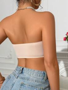 1pc Apricot Front Clasp Scoop Neck Bandeau Bra, Wide Silicone Upgraded Non-Slip (Won't Stick), Comfortable Padded Bralette, Seamless Wireless Bra, Strapless Bra