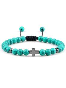 Handmade Woven Bracelet With Turquoise Cross Beads, Men Sports Accessory, European & American Import Jewelry