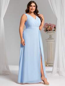 EVERPRETTY Romantic V-Neck Sleeveless Pleated Bust High Slit Bridesmaid Dress, Suitable For Wedding Party And Wedding Guest - Baby Blue - View 3