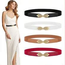 1 件女士优雅叶子金属扣弹性腰带，适合毛衣、连衣裙、外套夏季、学校秋季、秋季、万圣节 - 駝色 - 查看 2