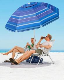 Beach Umbrella With Sand Bag - 6.5ft Beach Umbrella With Sand Anchor, UPF 50+ PU Coating With Carry Bag For Patio And Outdoor - Blue Striped - 藍色 - 查看 2