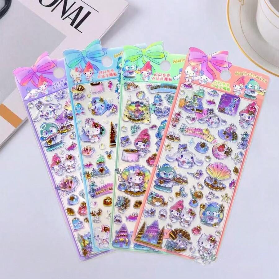 Sanrio 4pcs Sanrio 3d Stereo Decorative Stickers, Colorful Stickers, Suitable For Handicrafts, Gifts And Body Decoration, Diy Their Own Small Items, Gem Stereo Stickers-Suitable For Reward Stickers.