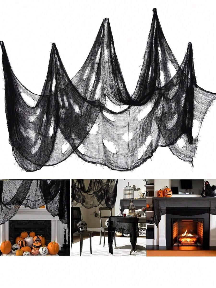 1 件黑色万圣节装饰纱布，黑色恐怖场景万圣节派对装饰，黑色蜘蛛网，适用于鬼屋、秘密房间、万圣节装饰、室内外露台、墙壁装饰