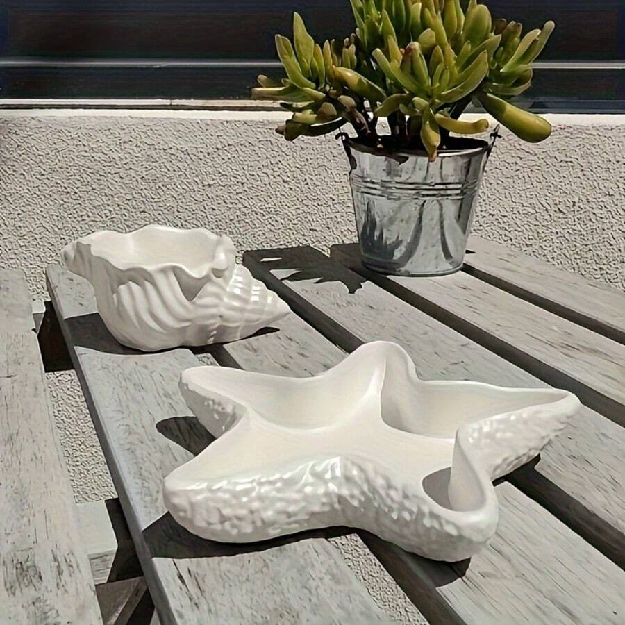 Juego de 2 moldes de silicona para fundición de resina y concreto - con formas de concha y estrella de mar, adecuado para manualidades DIY, bandejas de exhibición de joyas, portavelas de cemento, moldes para colada de resina epoxi - Blanco - Ver 1