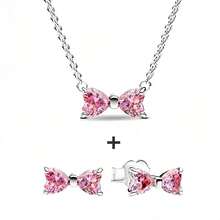3 Pieces Pink Love Necklace Bow Earrings Sterling Silver Shining Zirconia Earrings - Butterfly - View 2