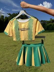 2pcs/Set Soccer Babe Costume, Christmas/Valentine's Gift - Women Sexy Lingerie Contrast Color Round Neck Short Sleeve Top + Mini Skirt Set - Yellow - View 8