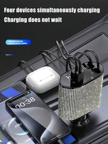 1pc 2-Port/4-Port/6-Port/8-Port Car Charger, Diamond Bling Bling 3-In-1 Charging Cable, Fast Charging, Type C, USB, Car Adapter, USB A To Type C, Type C To Type C Compatible With Phones, Dashcam, GPS, Men/Women Holiday/Birthday Gift