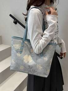 抽绳新款2025大容量帆布单肩包，日式字母印花尼龙托特包手提包通勤包