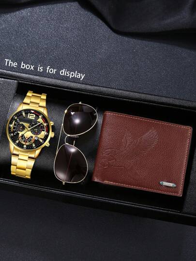 3pcs/Set Men's Formal & Versatile Low-Key Luxury Personal Watch, Glasses, Wallet Combination Set, Suitable For Attending Holiday Parties And Gatherings, Perfect Gift For Couples/Husband To Express Love And Care, Cherish Wonderful Moments