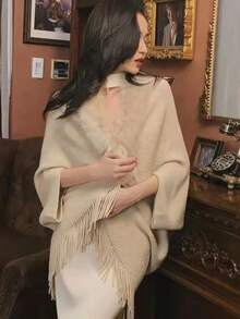 Elegant 1pc Autumn & Winter Fashionable Knitted Shawl With Thick Collar, Fringes & Tassel Design, Suitable For Qipao, All-Matching Style - White - View 6
