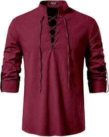 Men's Pure Cotton Retro Lace Up Shirts For Renaissance Pirate Viking Medieval - Burgundy - View 2