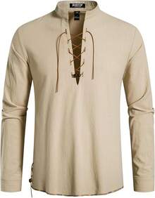 Men's Pure Cotton Retro Lace Up Shirts For Renaissance Pirate Viking Medieval - Khaki-d - View 2