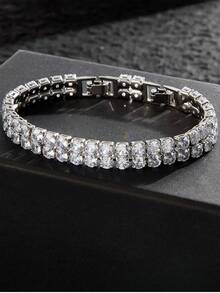 SEQUITO 1 件高档镀黄金男女款手链珠宝密钉镶嵌双排方形闪亮 AAAAA 方晶锆石晚会串手链