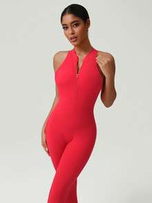 GOSOUER 女士紧身拉链前开式露背蜜桃臀连体裤，瑜伽健身塑身连体裤 - 紅色 - 查看 3