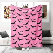Schwarze Fledermaus-Drucken Decke mit rosa Basis - Hergestellt aus gestricktem Polyesterfleece, moderner Digitaldruck, Cartoon-Motiv, gemütliche Heimdekoration Tagesdecke für alle Jahreszeiten, maschinenwaschbar