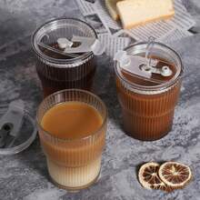 1pc Summer Fashion Striped Glass Water Cup, Reusable Beverage Glass With/Without Lid, Thickened Glass Suitable For Iced Coffee, Smoothie, Cocktail And Juice, Elegant And Durable Drinkware
