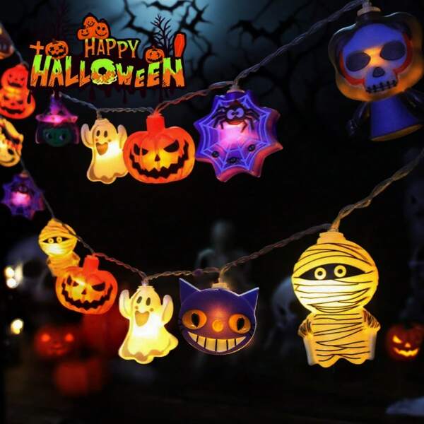 1pc Halloween LED Fairytale Lights With Mixed Decoration Of Scary Pumpkin, Witch, Ghost, Pirate, Mummy And Cobweb, Indoor/Outdoor Halloween Party Decor, Battery Powered (Batteries Not Included)