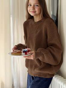 1pc Girls Casual Thick Pullover Sweater, Comfortable Student Knitwear For Autumn/Winter - Soft & Comfortable Solid Color Sweater, Brown Knitted Sweater