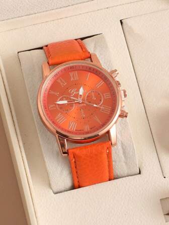 1pc Fashion PU Leather Band Alloy Quartz Watch