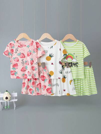 6pcs Young Girls Fruit Print Short Sleeve Shorts Pajama Set, Lightweight Sleepwear