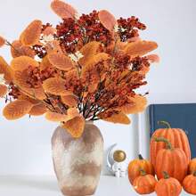 Juego de 6 flores artificiales de decoración otoñal, ramos mixtos de eucalipto, color naranja de la cosecha y hálito de bebé para decoración del hogar, fiestas de otoño, bodas y centros de mesa en Navidad y Acción de Gracias