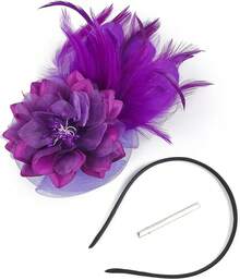 Fascinators Hats Women,Tea Party Fascinator Hair Clip With Feathers Wedding,Derby Hats Headbands - 款式1-紫色 - 查看 6