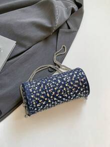 Women's Denim Studded Star Chain Bucket Bag, Elegant Lady Style Crossbody Bag For Party, Casual, Sweet Girl