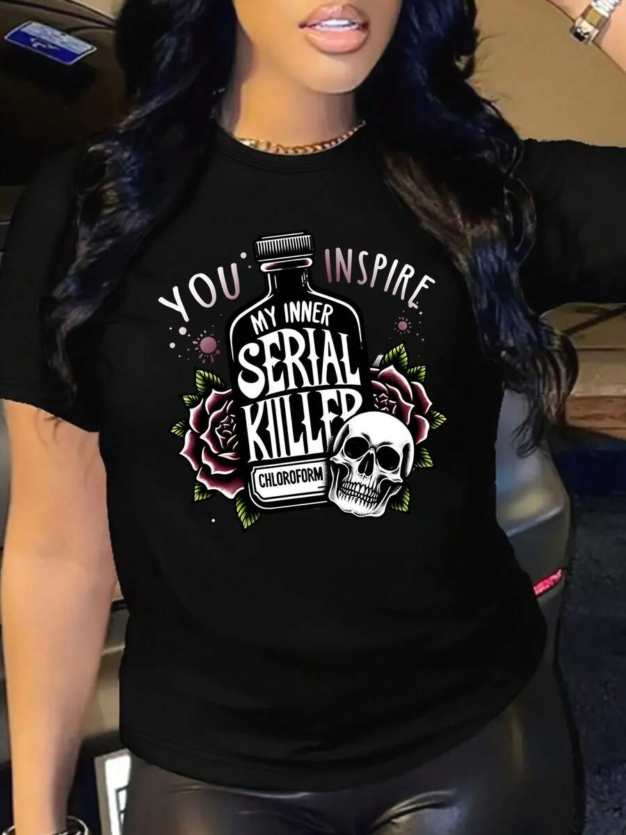 Plus Size Women Skull Rose Graphic T-Shirt You Inspire My Inner Kill My Chemical Funny Slogan Casual Crew Neck Short Sleeve Top Black With White Print Gothic Rock Style Allseason Apparel Skull Graphic Tee Bold Graphic Print Size L-3XL 4XL 5XL
