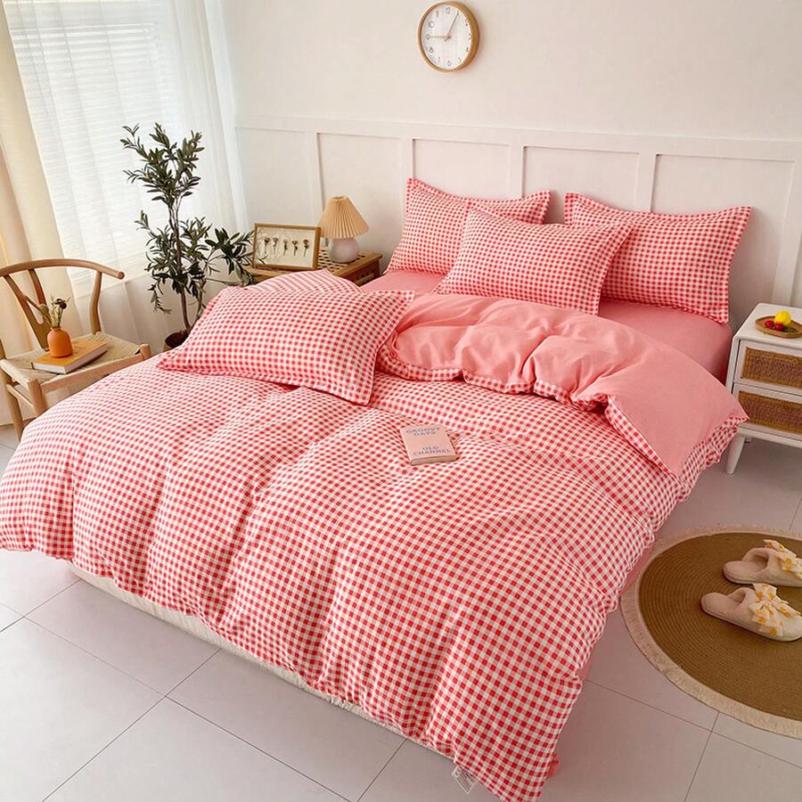 Ensemble de quatre pièces de housse de couette en coton brossé style frais, drap de lit en coton lavé, housse de couette simple pour hôtel et hébergement, ensemble de quatre pièces avec design de couleur double face - Style-Rose - Voir 1