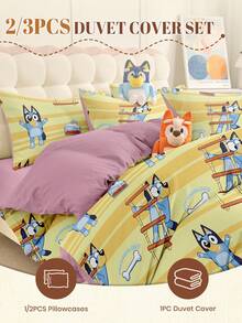 2/3 件 Bluey 羽绒被套套装，Bluey Bone-Hunting 图案床上用品，舒适透气的床上用品套装，亲肤舒适，卡通风格被套套装，柔软抗起球，可爱的家纺，1 个被套和 1/2 个枕套，不含被芯，适合单人床、双人床、大号双人床、所有尺寸床，适合所有季节，别致可爱的装饰被套套装，适用于卧室宿舍，可机洗，完美的节日礼物 - 黃色 - 查看 2