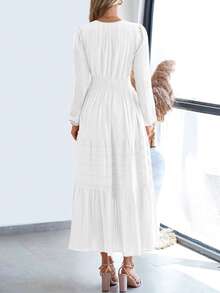 Women Fall Maxi Dresses Long Sleeve High Waist Tiered Flowy A-Line Boho Bohemian Long Dress Beach Holiday Vacation Wedding Guest Valentine Outfit - 白色 - 查看 2