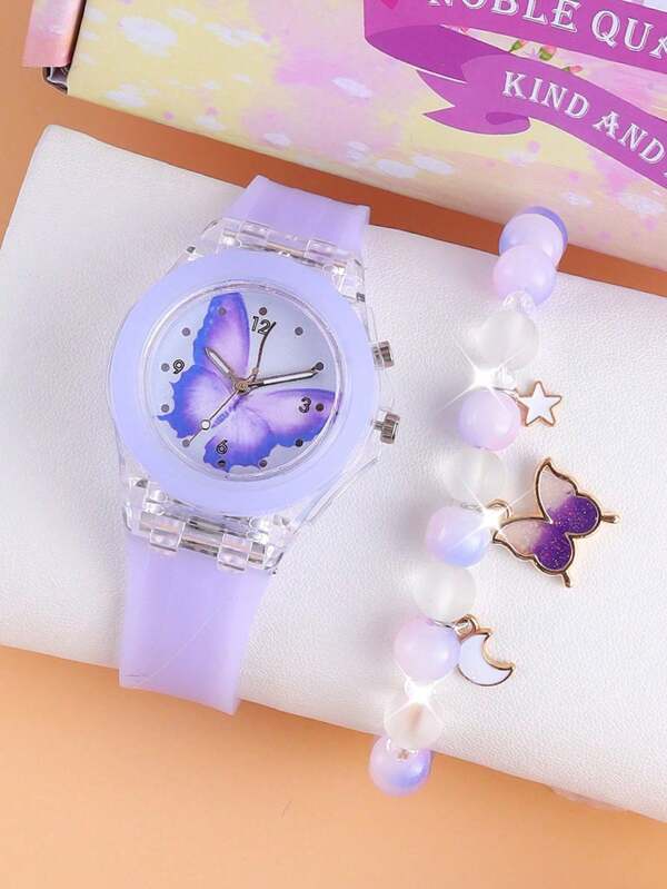 Set de 2 relojes para niña adolescente - Reloj de cuarzo luminoso LED con mariposa de dibujos animados y pulsera con colgante de cuentas, adecuado como regalo para festividades/vuelta al colegio