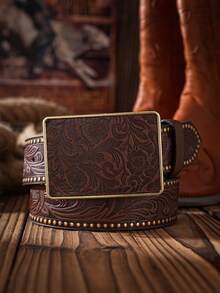 1件波西米亚西部牛仔风格牛头金属扣铆钉仿珍珠装饰复古棕色PU腰带，适合秋季、万圣节、秋冬季节，适合青少年、青年、男士，休闲、户外、运动、度假、毕业礼物、生日、日常穿着