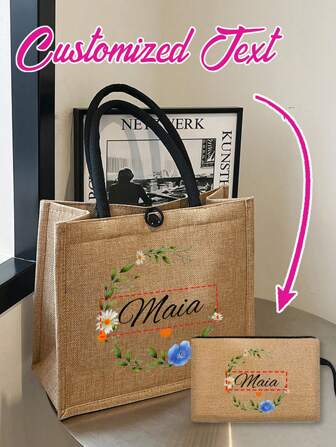 Set de 2 piezas: Bolso de tela y estuche de maquillaje con estampado de corona floral y hojas personalizados con nombre. Bolso grande de lino para mujer de gran capacidad, bolsa de compras, bolso casual portátil para almacenamiento, adecuado para viajes diarios, vacaciones en la playa, bolsa de compras de gran capacidad, muy adecuado para la escuela, cumpleaños, universidad, trabajo, negocios, transporte, exteriores, viajes, vacaciones, vuelta al cole
