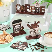 6pcs Set 2D Thicker Wooden Coffee Bar Decor Signs - Coffee Bar Accessories, Farmhouse Daily, Rustic Dining Table Center Piece, Suitable For Home Kitchen Decor In Multiple Rooms
