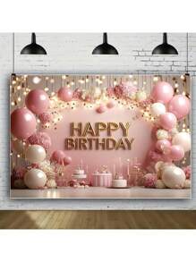 1 pieza Fondo con diseño de globos para fiesta de cumpleaños, en color rosa y dorado, adecuado para cumpleaños, sesión de fotos de estudio y decoración colgante multiusos de primavera/verano - sin necesidad de electricidad, decoración del hogar, decoración de fiesta, suministros para mesa de pastel de cumpleaños, banner colgante, decoración de vinilo, accesorio de estudio de fotografía