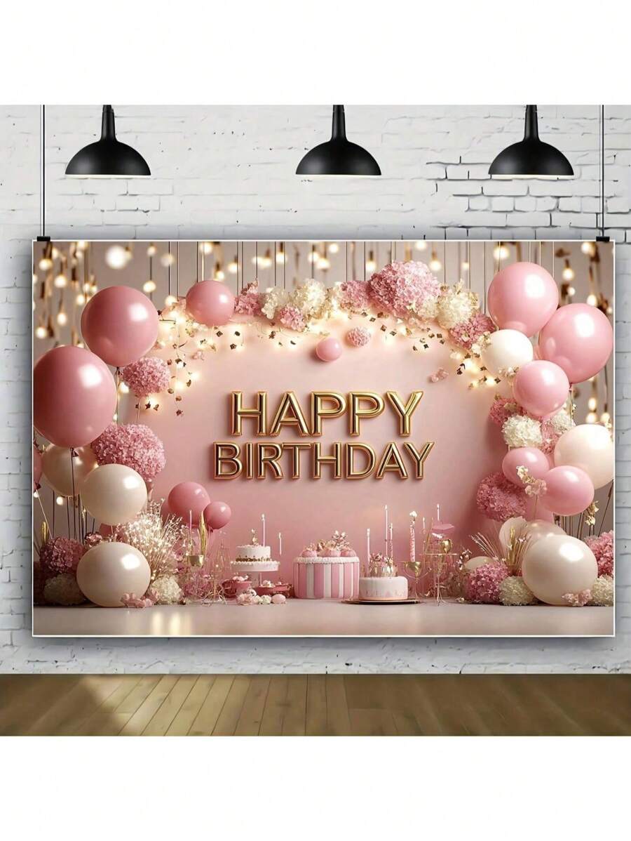 1 pieza Fondo con diseño de globos para fiesta de cumpleaños, en color rosa y dorado, adecuado para cumpleaños, sesión de fotos de estudio y decoración colgante multiusos de primavera/verano - sin necesidad de electricidad, decoración del hogar, decoración de fiesta, suministros para mesa de pastel de cumpleaños, banner colgante, decoración de vinilo, accesorio de estudio de fotografía